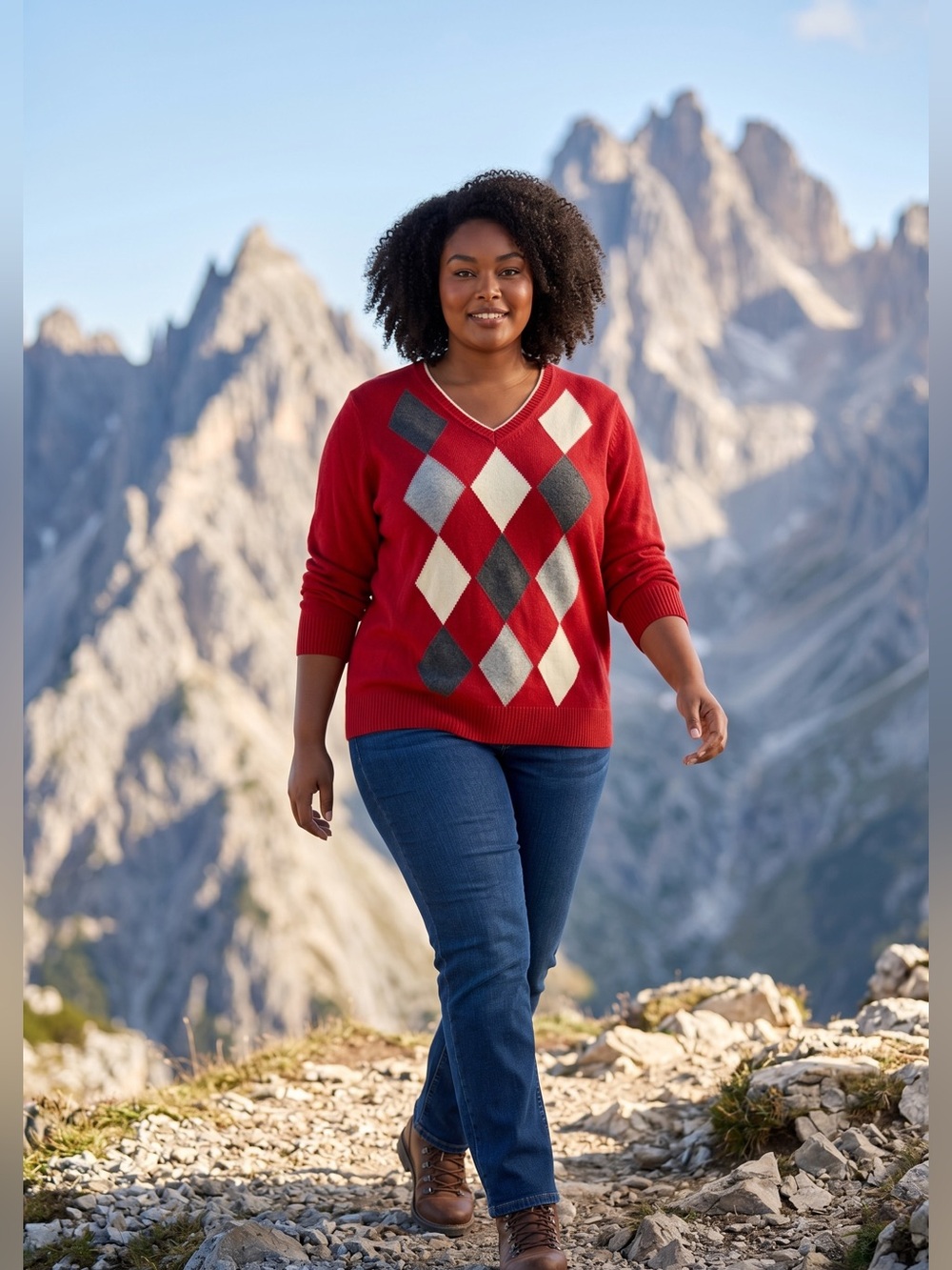 Rafaella Red and Gray V-Neck Argyle Sweater